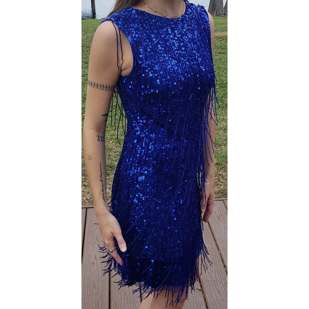 MNG Women's Size XS Blue Flapper Shift Dress Sequin Fringe 1920s Gatsby Party
